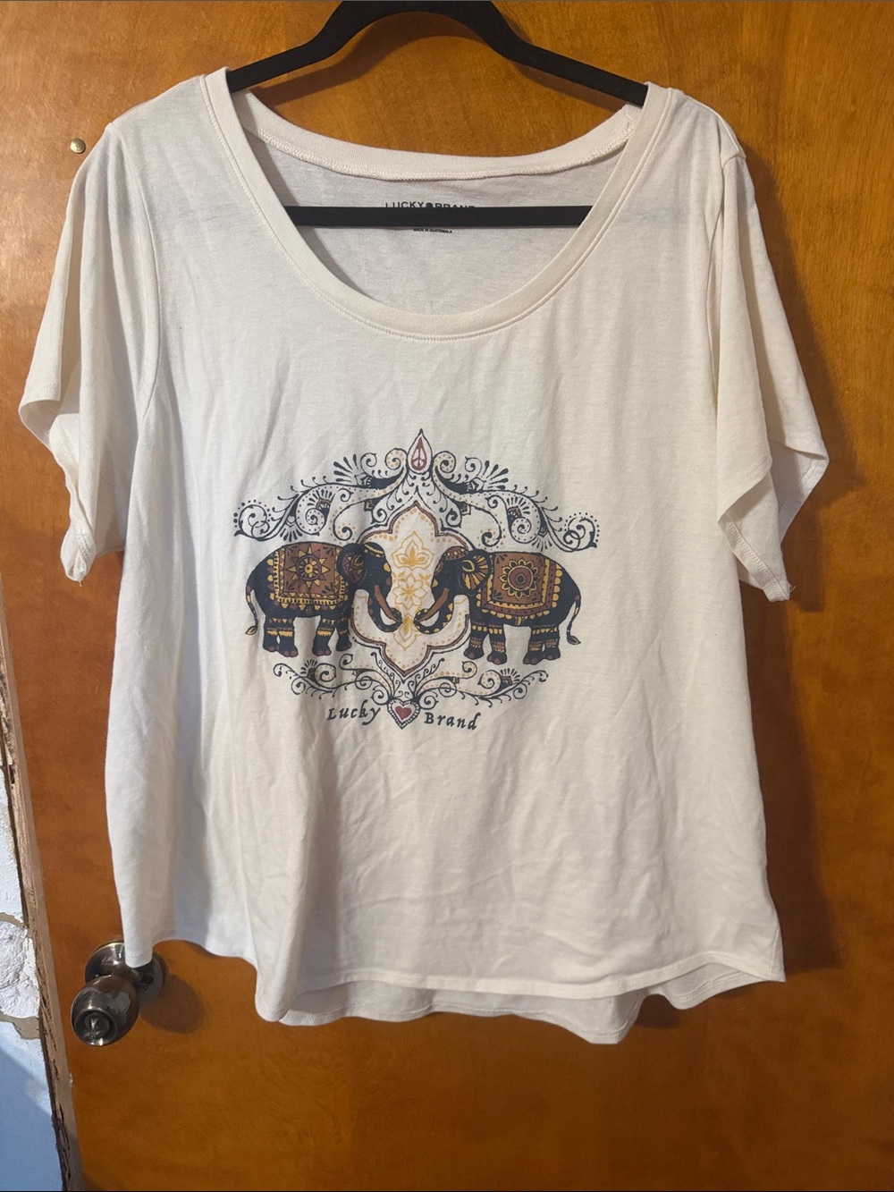 Lucky Brand Cream Tee with Navy & Gold Elephant Motif